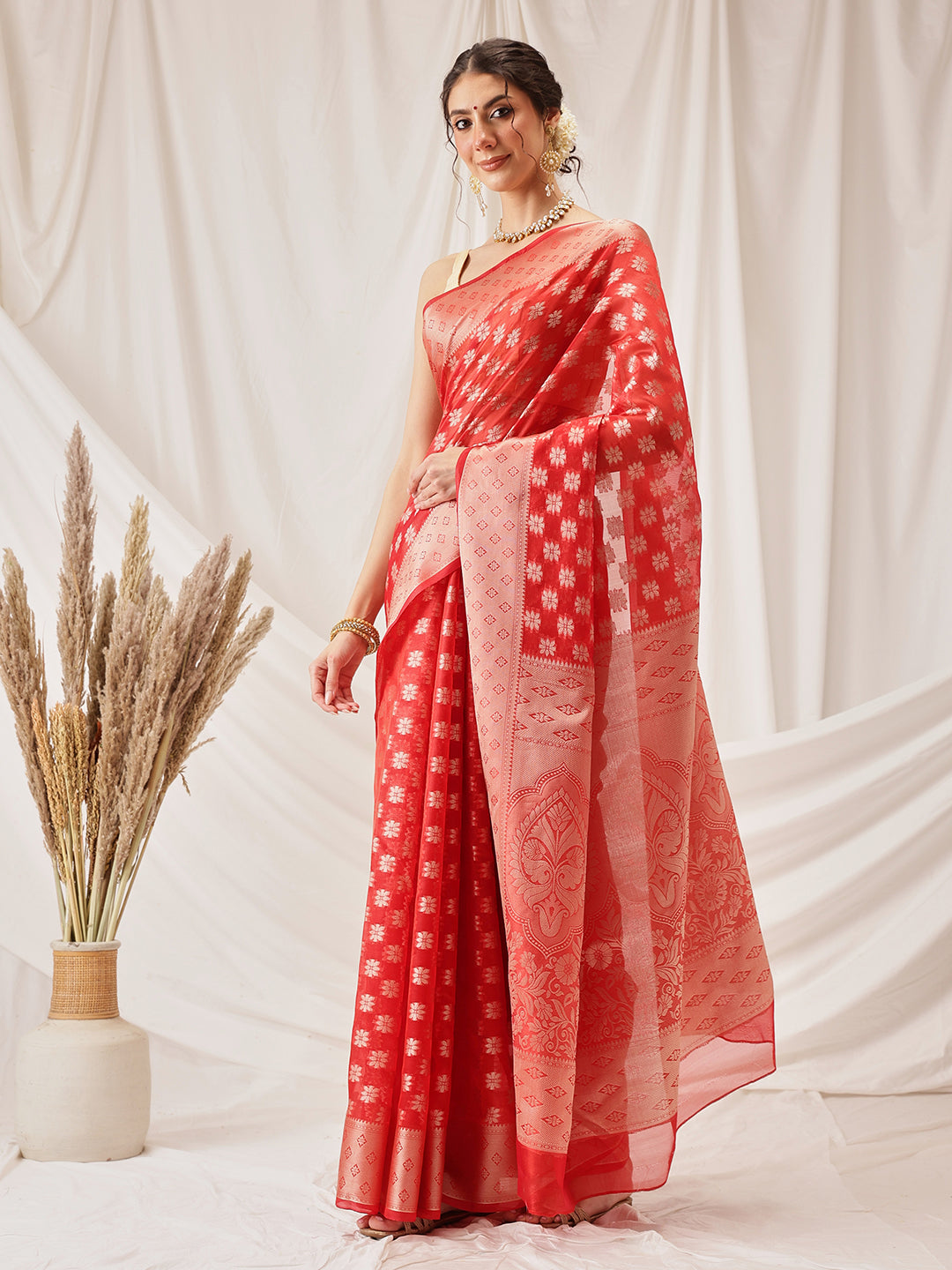 Floral Banarasi Organza Soft Silk Red Saree With Small Border