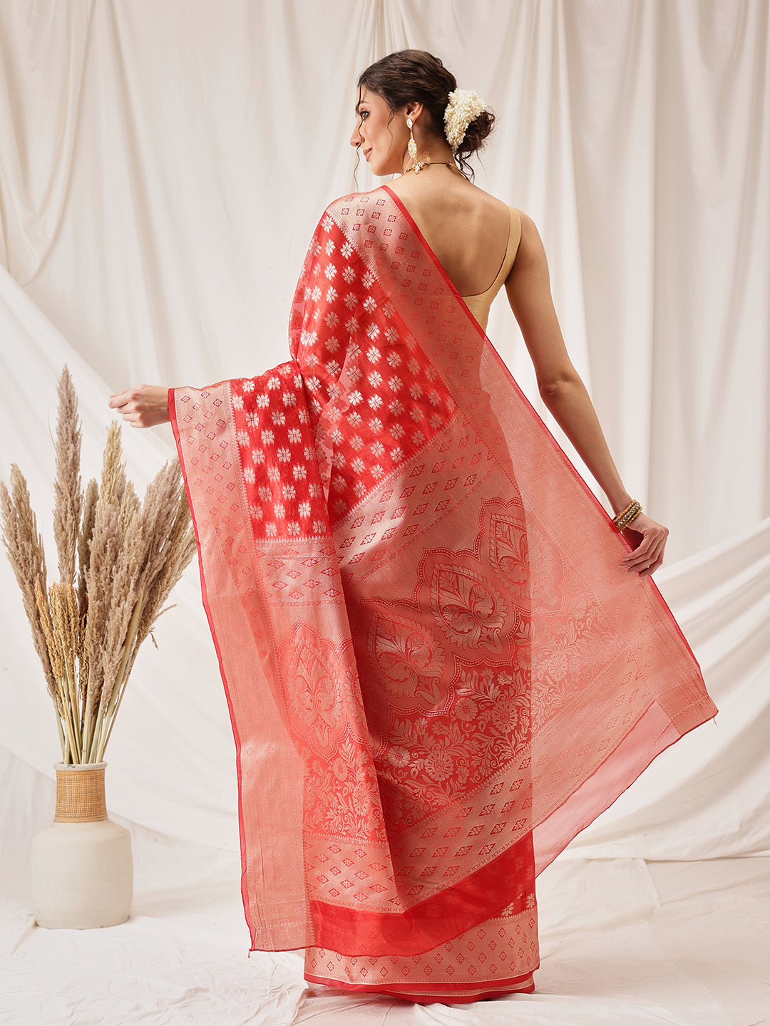 Floral Banarasi Organza Soft Silk Red Saree With Small Border
