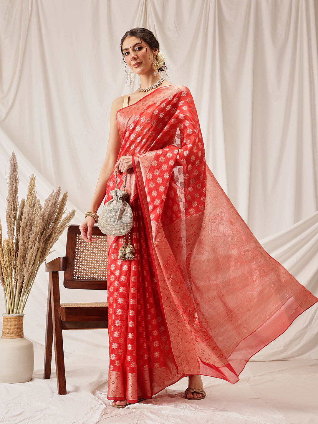 Floral Banarasi Organza Soft Silk Red Saree With Small Border