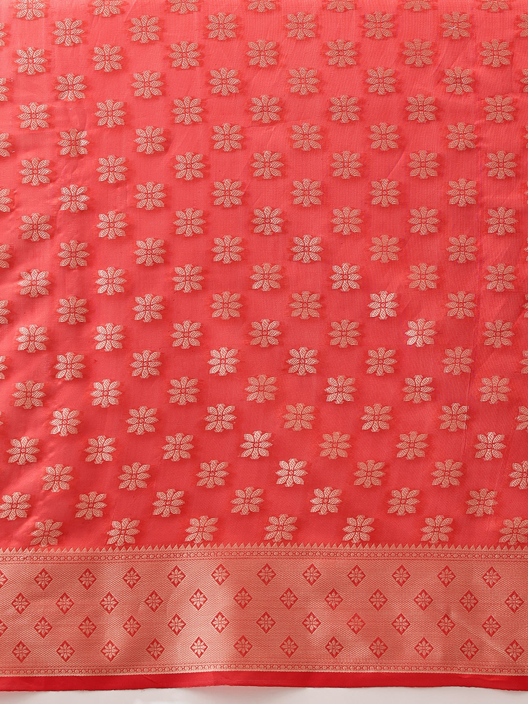 Floral Banarasi Organza Soft Silk Red Saree With Small Border