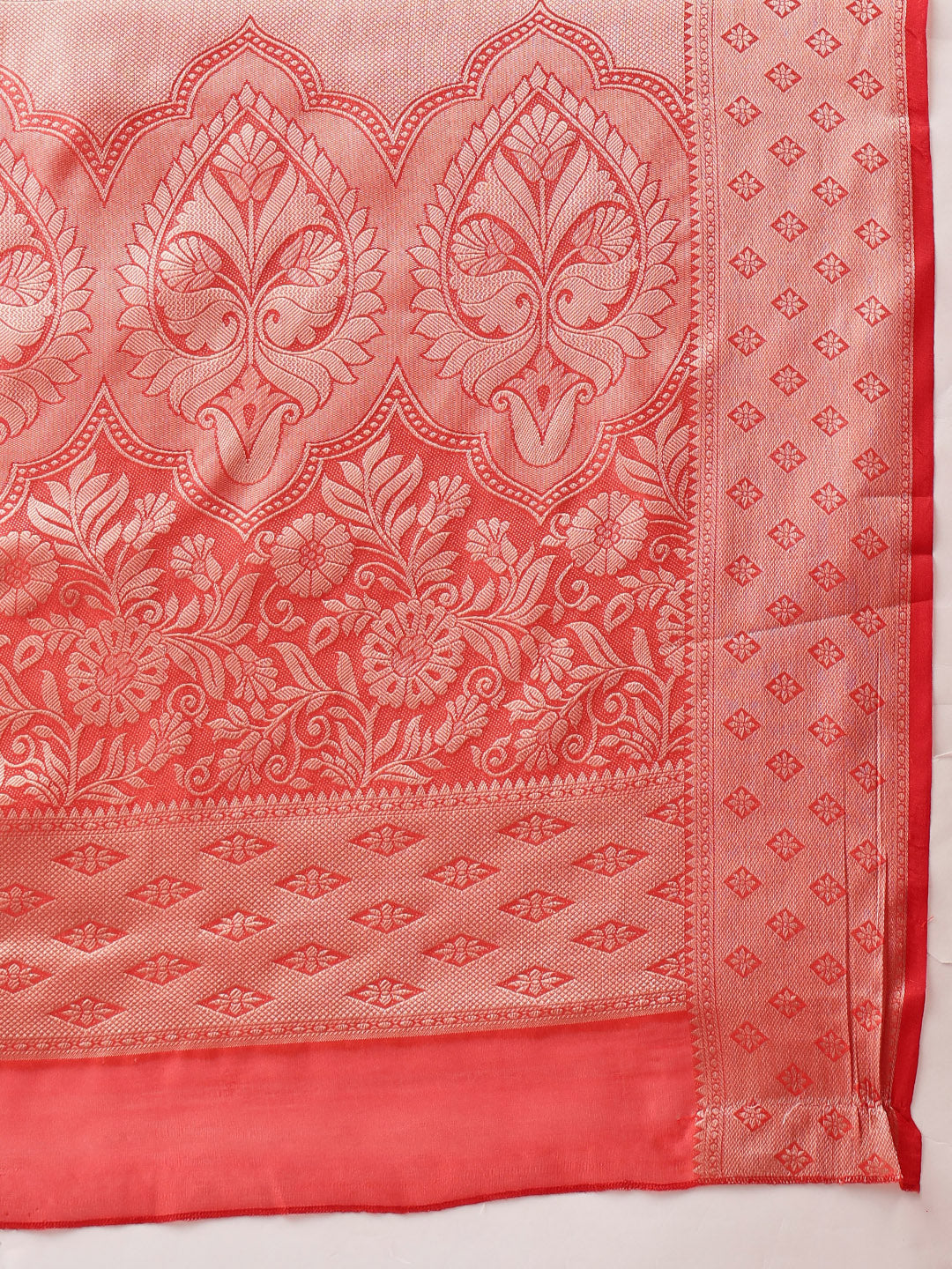 Floral Banarasi Organza Soft Silk Red Saree With Small Border