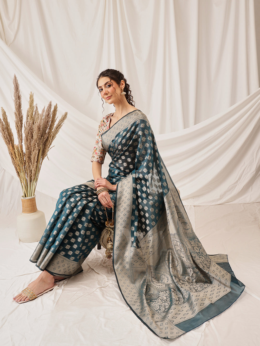 Floral Banarasi Organza Soft Silk Teal Saree With Small Border