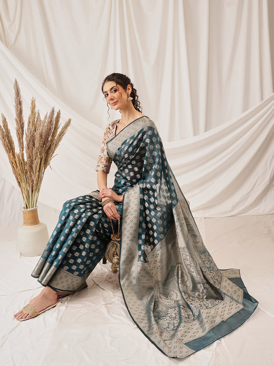 Floral Banarasi Organza Soft Silk Teal Saree With Small Border