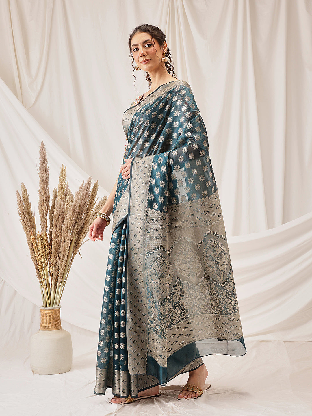 Floral Banarasi Organza Soft Silk Teal Saree With Small Border