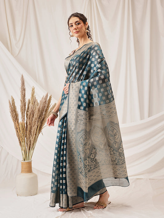 Floral Banarasi Organza Soft Silk Teal Saree With Small Border