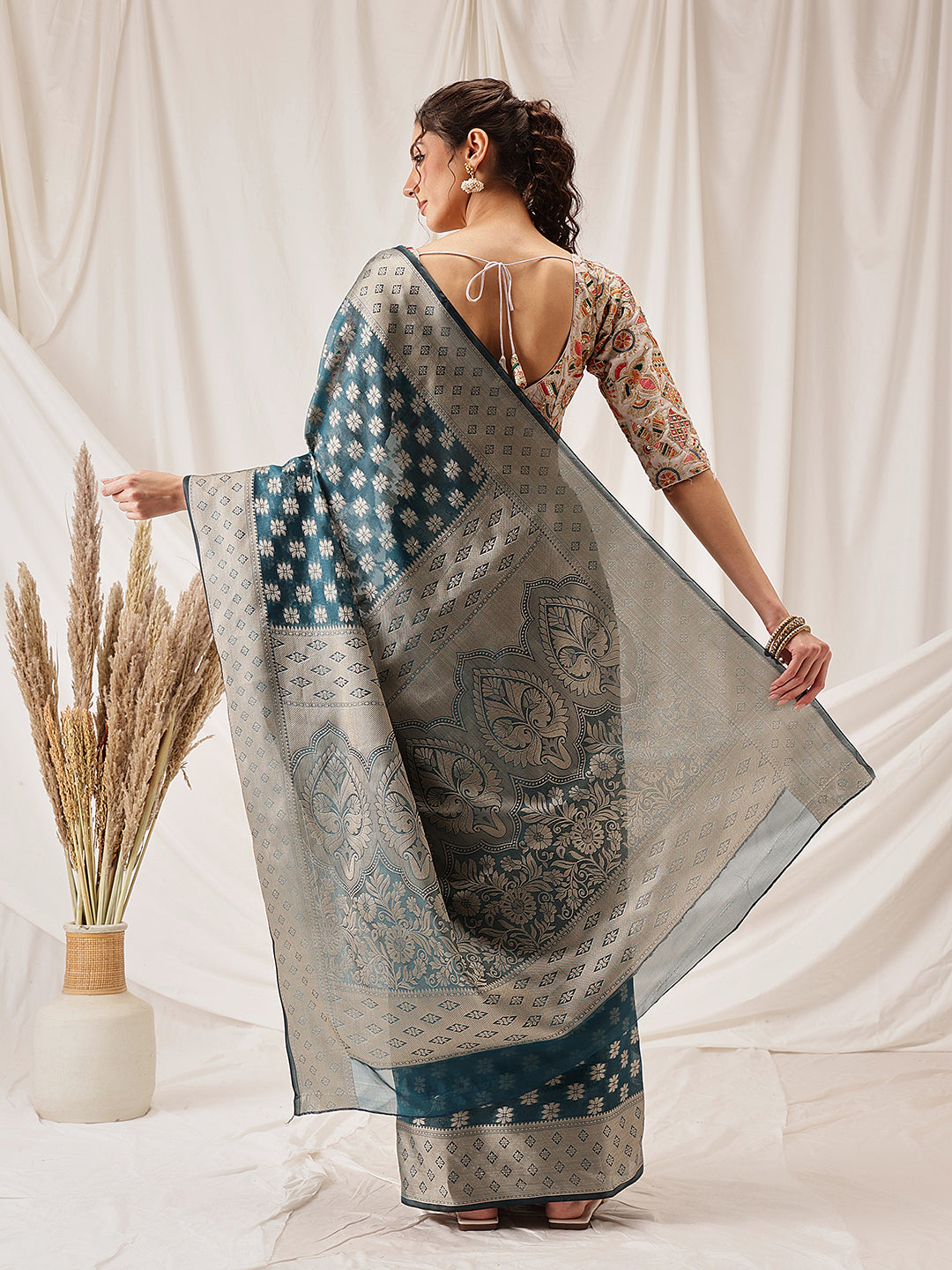 Floral Banarasi Organza Soft Silk Teal Saree With Small Border