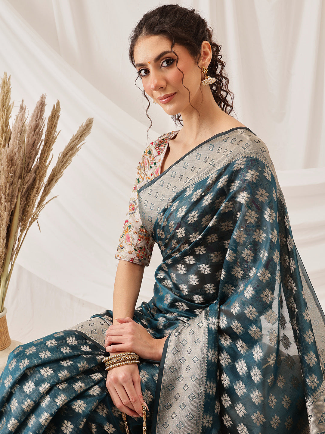 Floral Banarasi Organza Soft Silk Teal Saree With Small Border