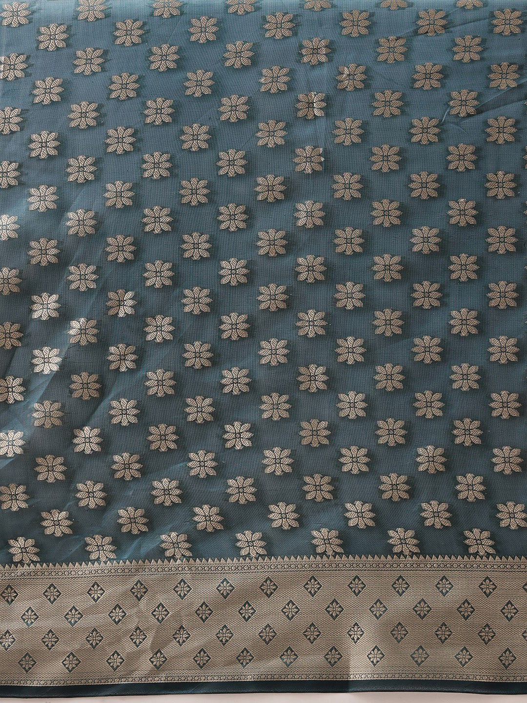 Floral Banarasi Organza Soft Silk Teal Saree With Small Border