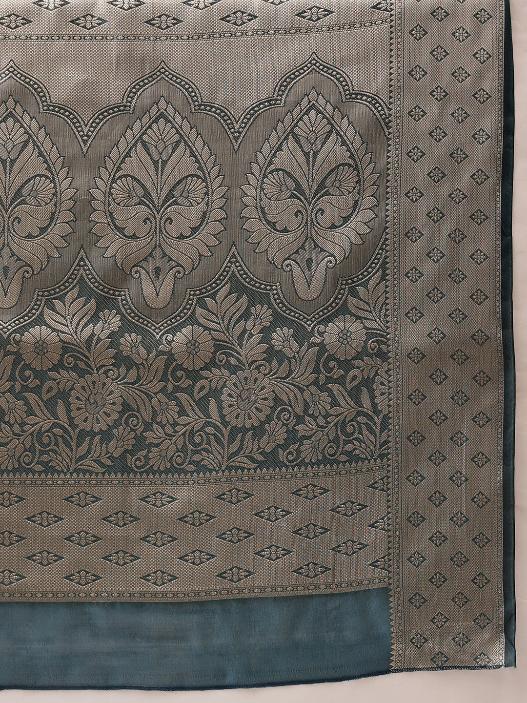 Floral Banarasi Organza Soft Silk Teal Saree With Small Border