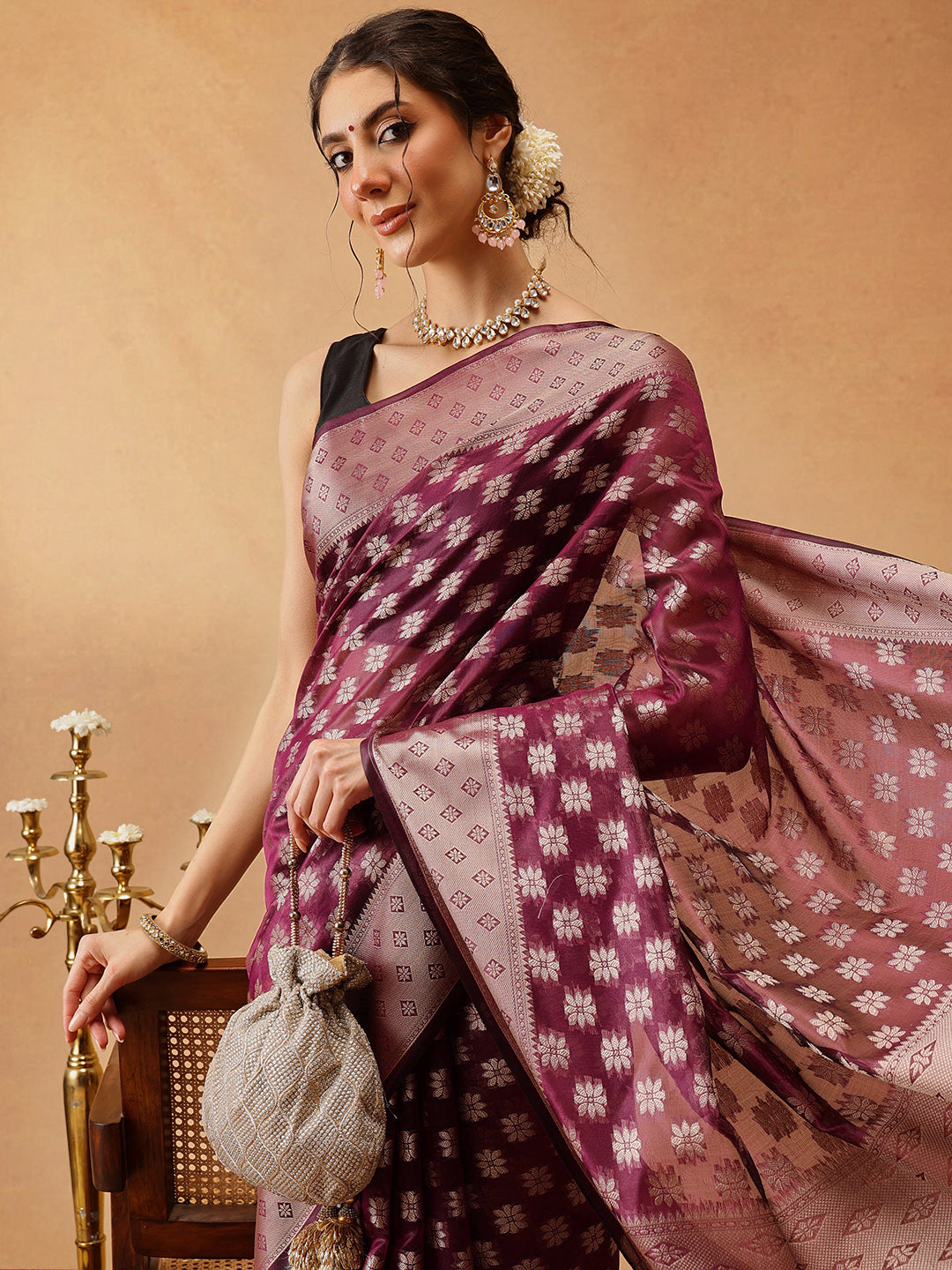 Floral Banarasi Organza Soft Silk Wine Saree With Small Border