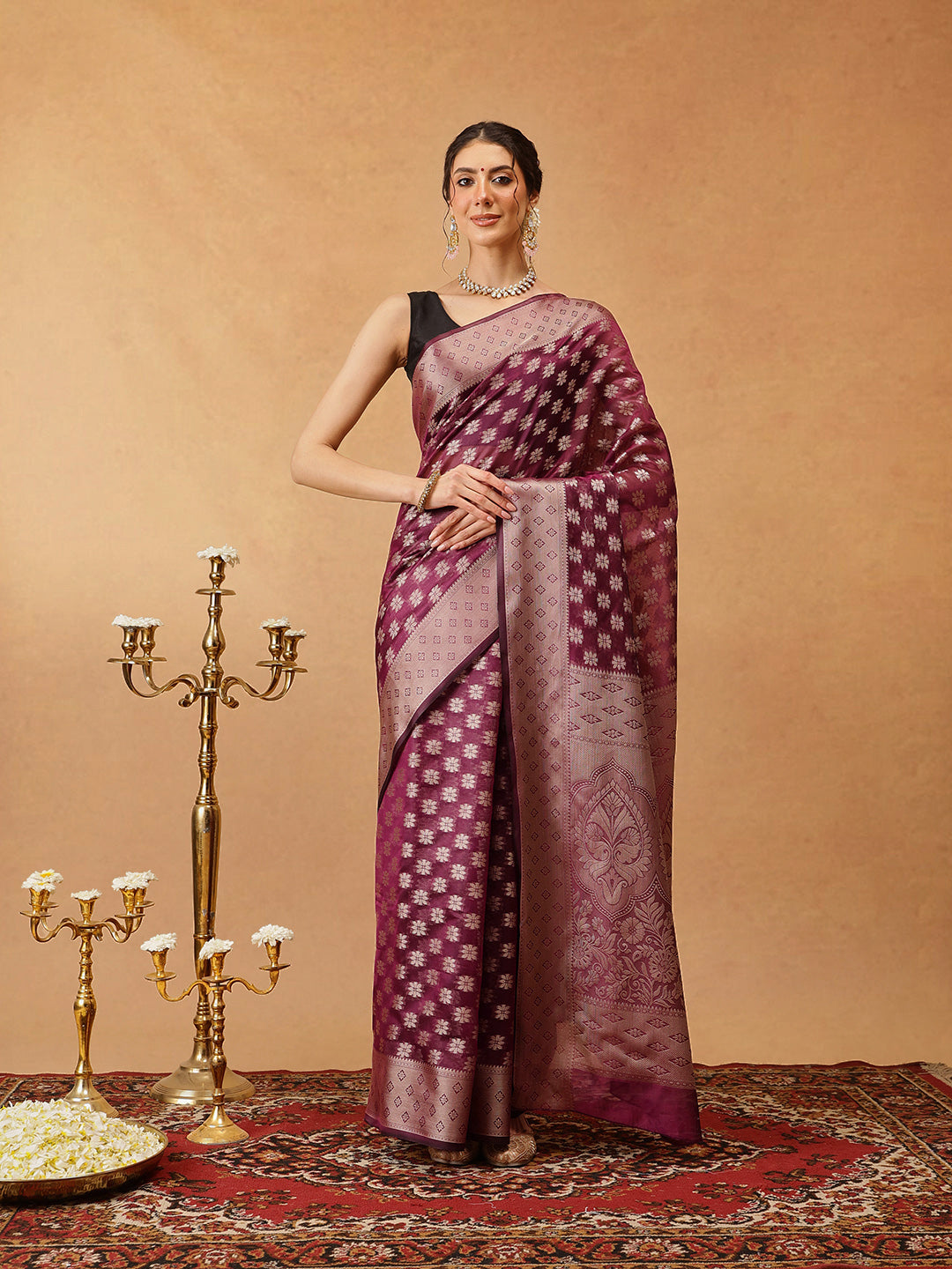 Floral Banarasi Organza Soft Silk Wine Saree With Small Border
