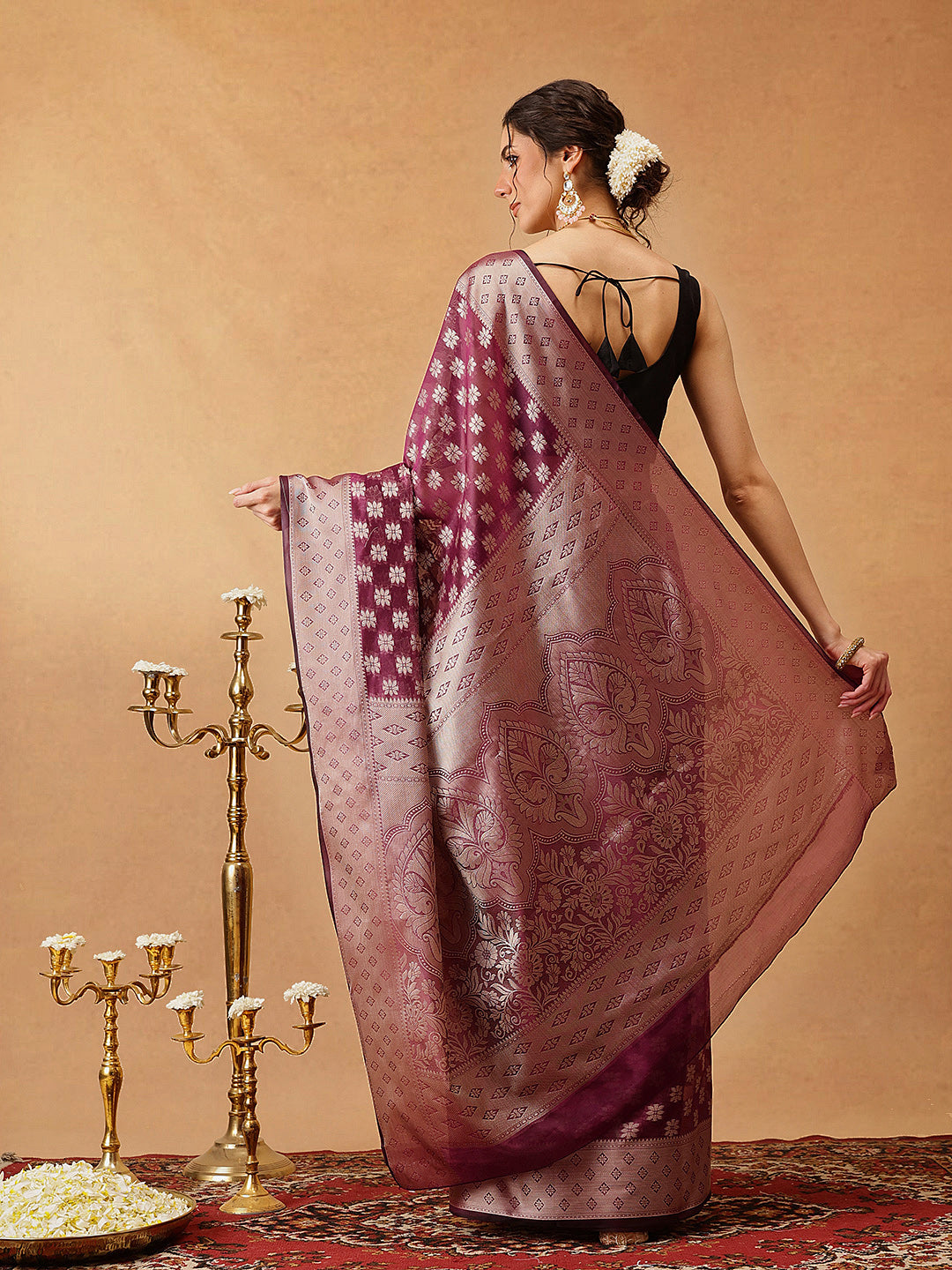 Floral Banarasi Organza Soft Silk Wine Saree With Small Border