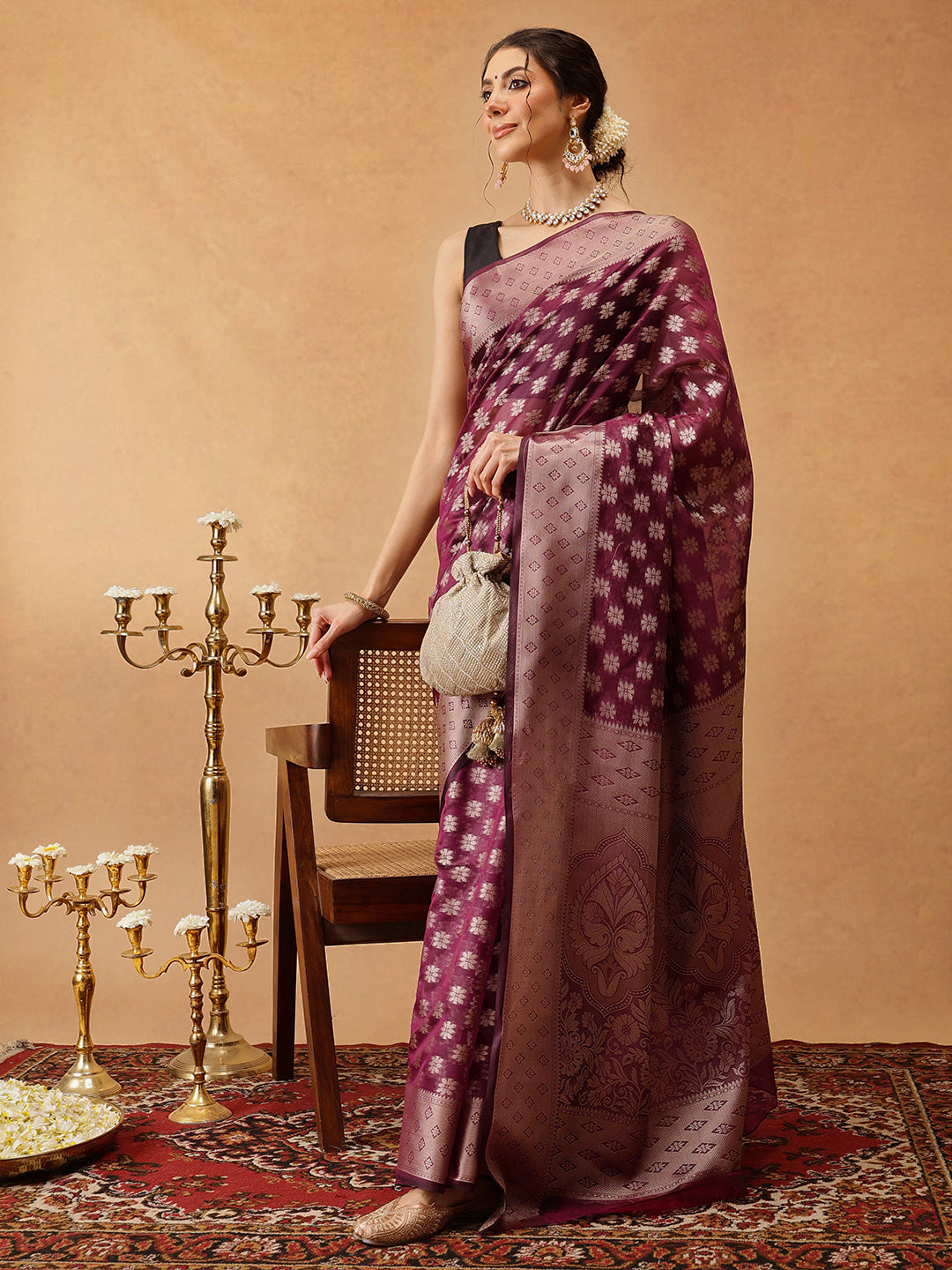 Floral Banarasi Organza Soft Silk Wine Saree With Small Border