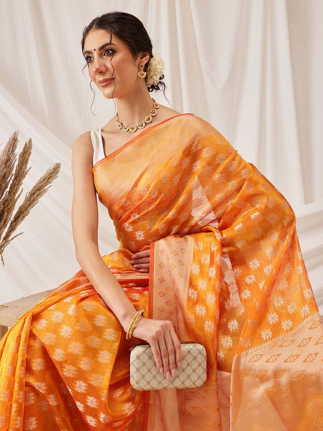 Floral Banarasi Organza Soft Silk Yellow Saree With Small Border