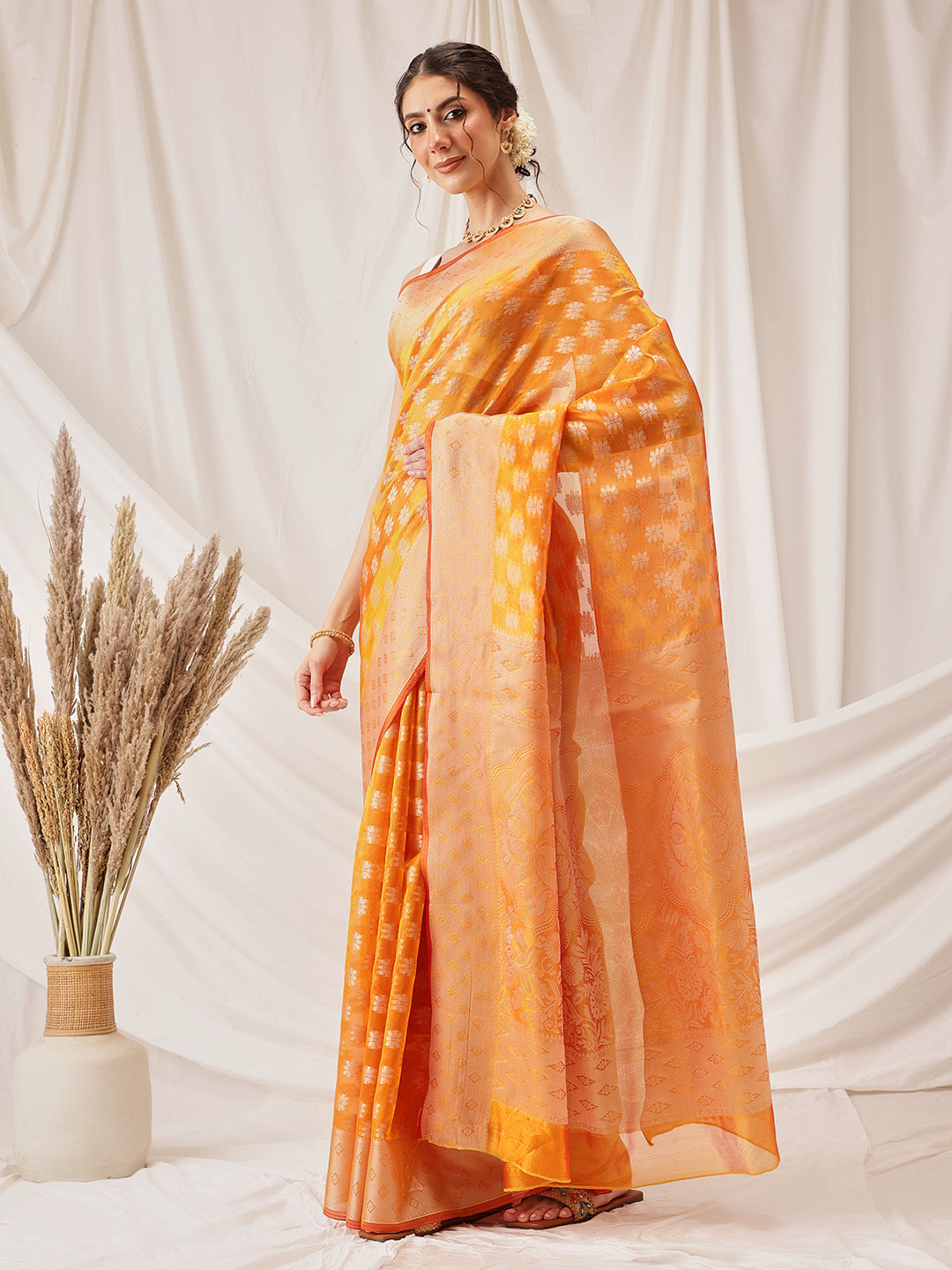 Floral Banarasi Organza Soft Silk Yellow Saree With Small Border