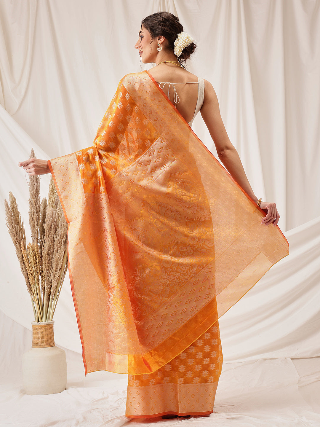Floral Banarasi Organza Soft Silk Yellow Saree With Small Border