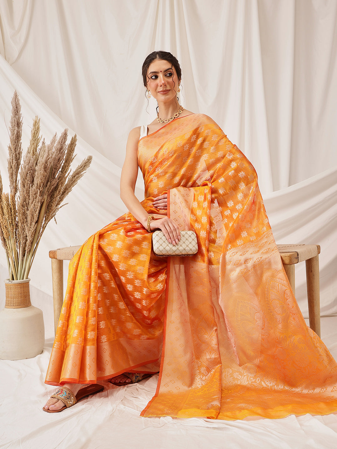 Floral Banarasi Organza Soft Silk Yellow Saree With Small Border