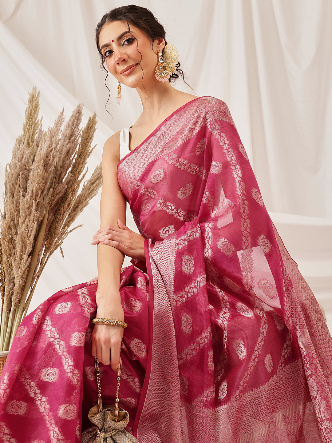 Organza Soft Silk Pink Saree With Floral Border
