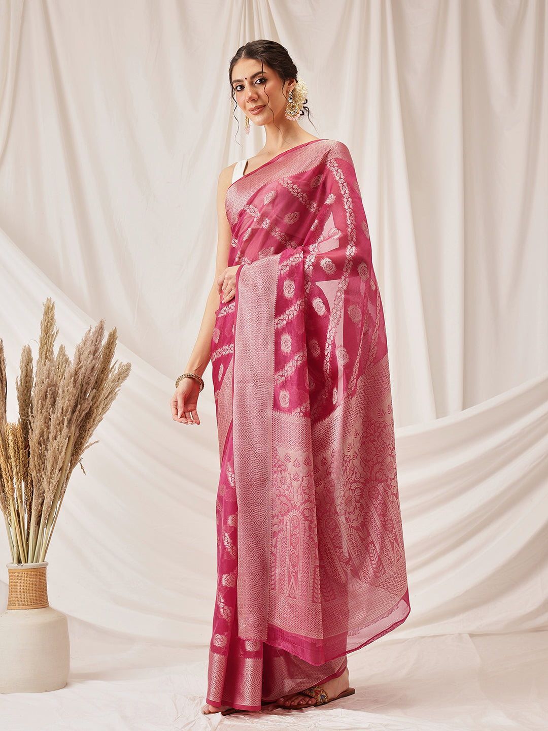 Organza Soft Silk Pink Saree With Floral Border