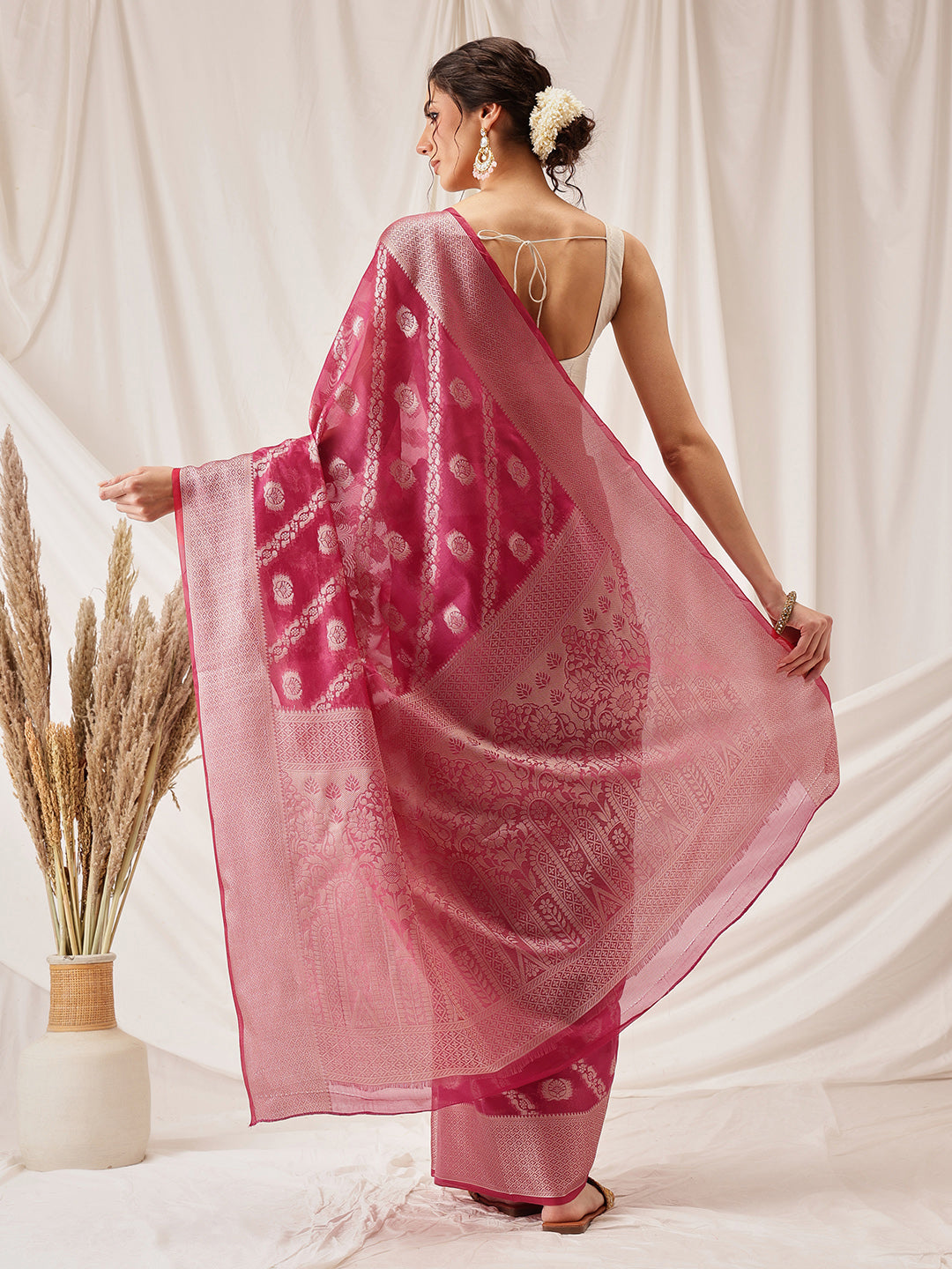 Organza Soft Silk Pink Saree With Floral Border