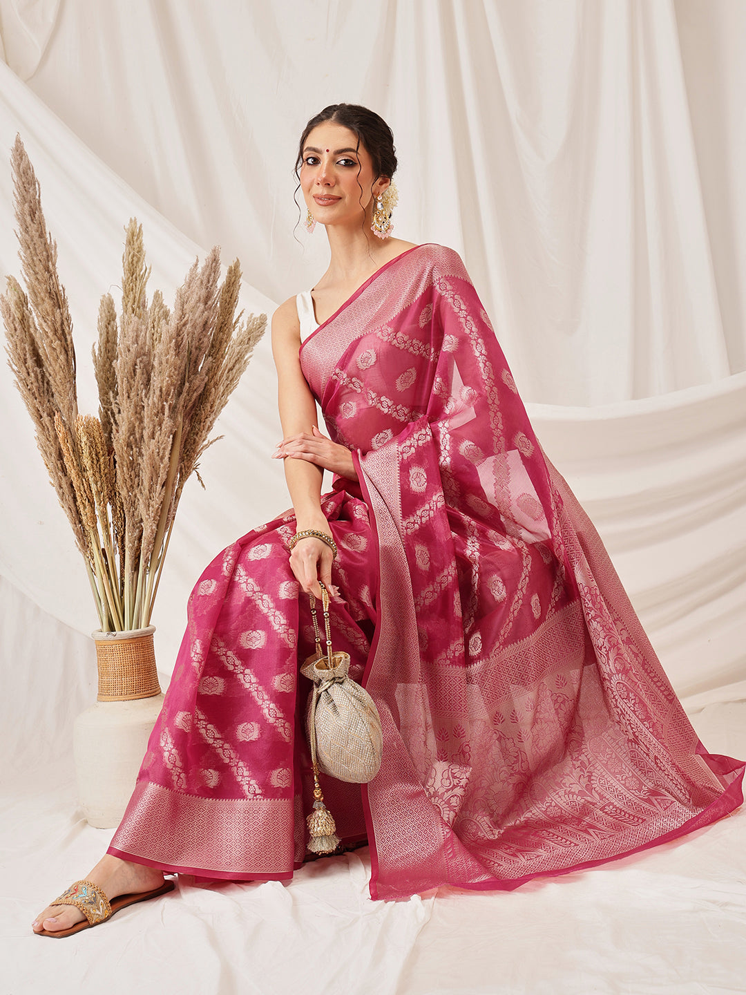 Organza Soft Silk Pink Saree With Floral Border