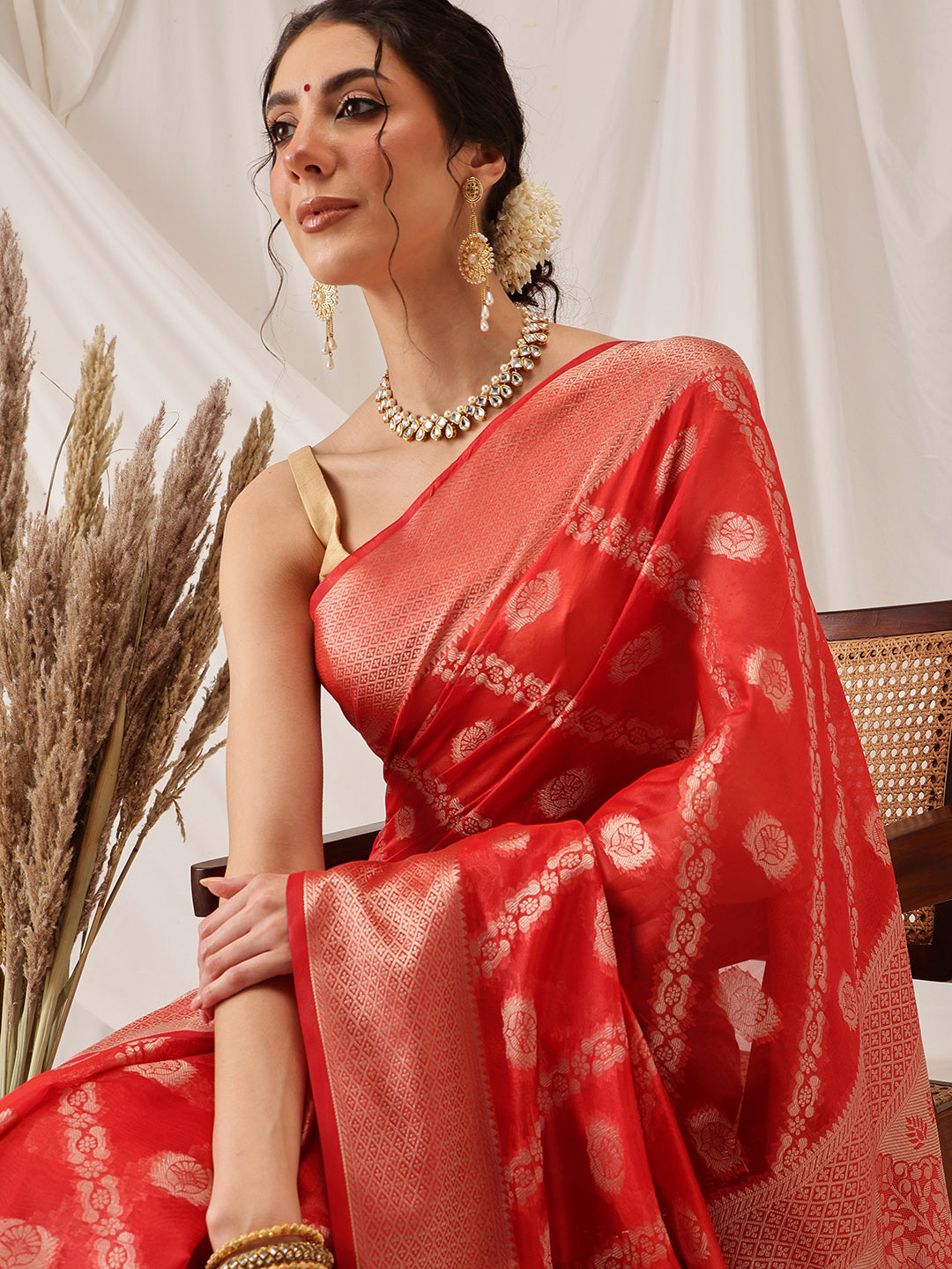 Organza Soft Silk Red Saree With Floral Border