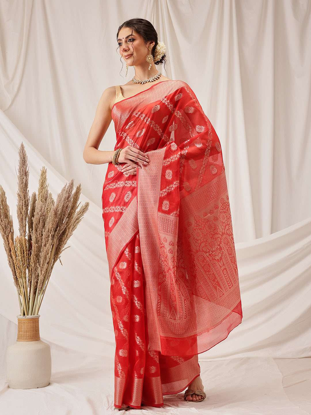 Organza Soft Silk Red Saree With Floral Border