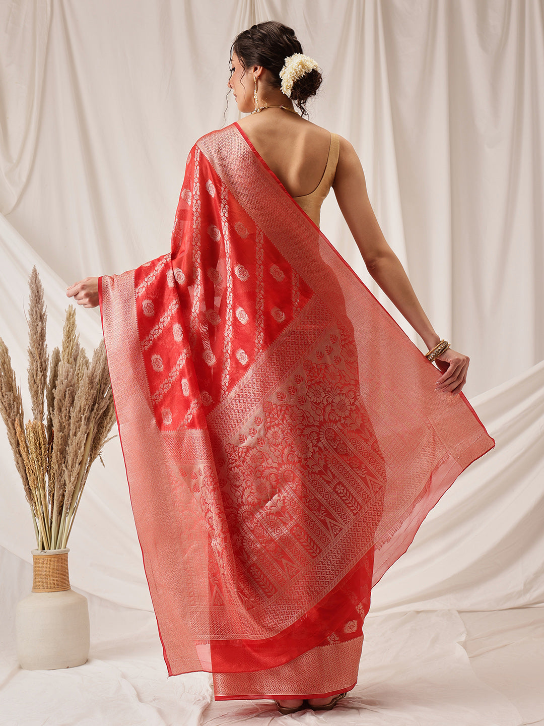 Organza Soft Silk Red Saree With Floral Border
