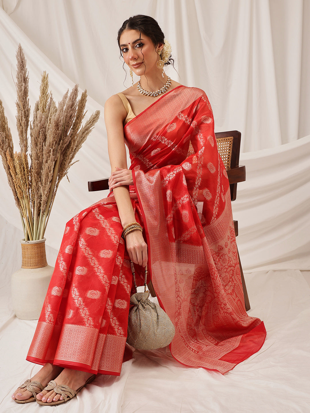 Organza Soft Silk Red Saree With Floral Border