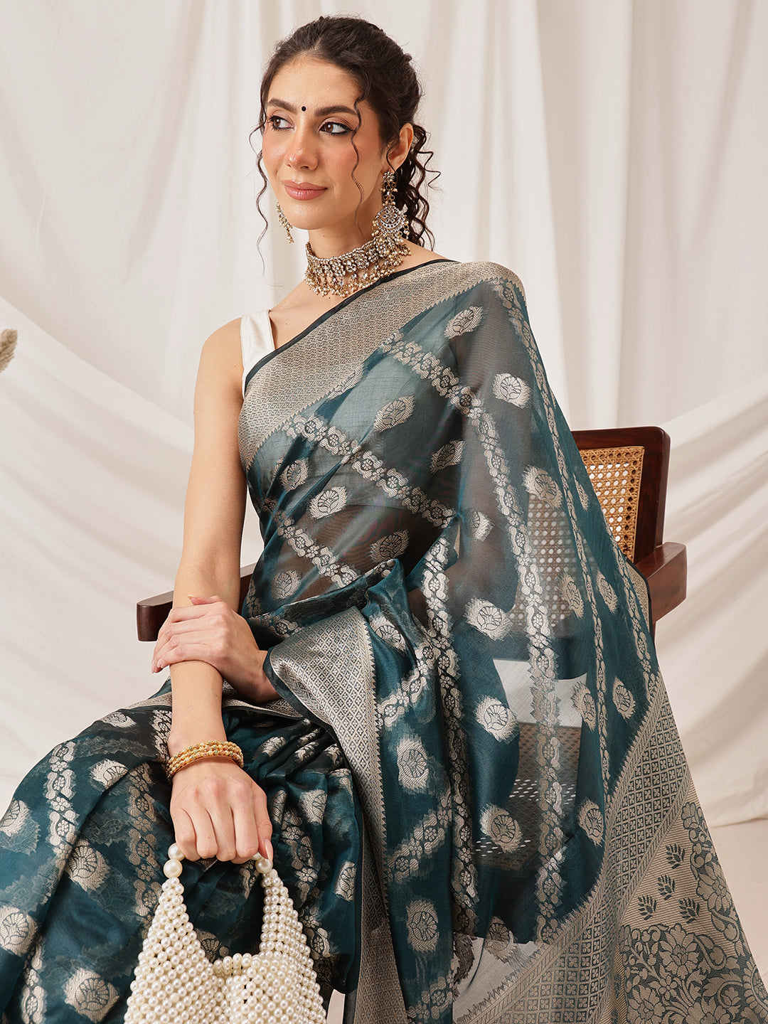 Organza Soft Silk Teal Saree With Floral Border