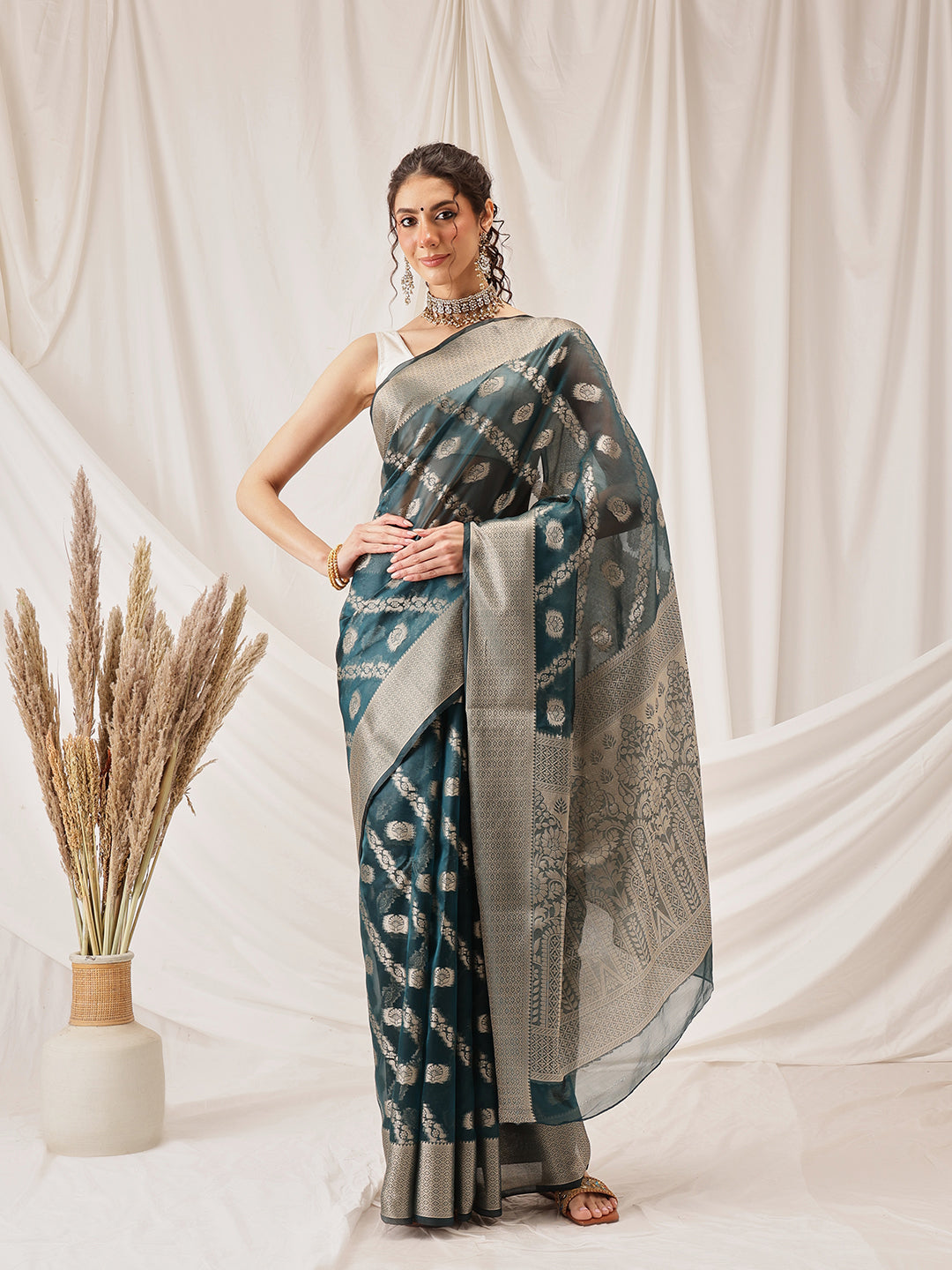 Organza Soft Silk Teal Saree With Floral Border