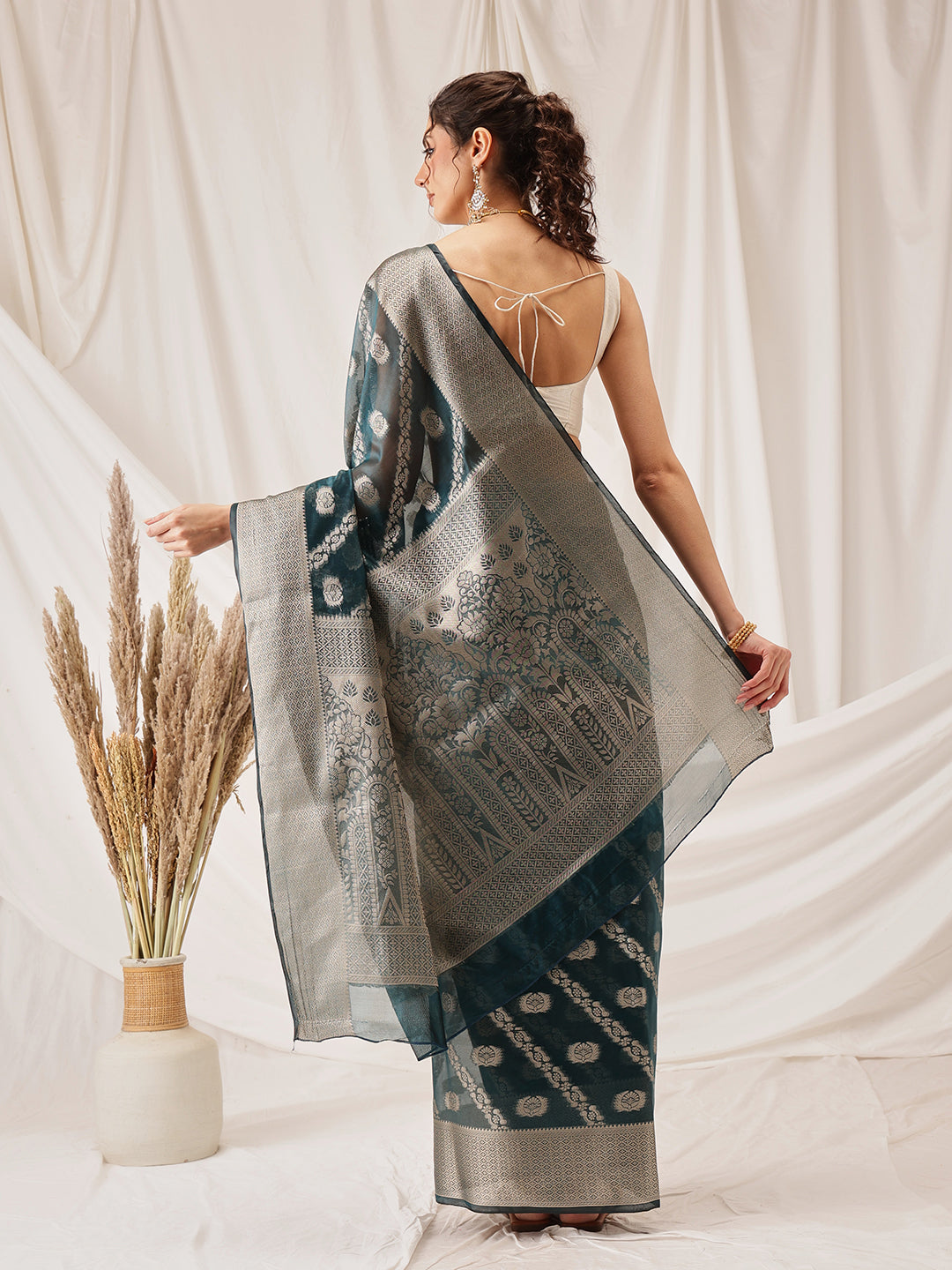 Organza Soft Silk Teal Saree With Floral Border