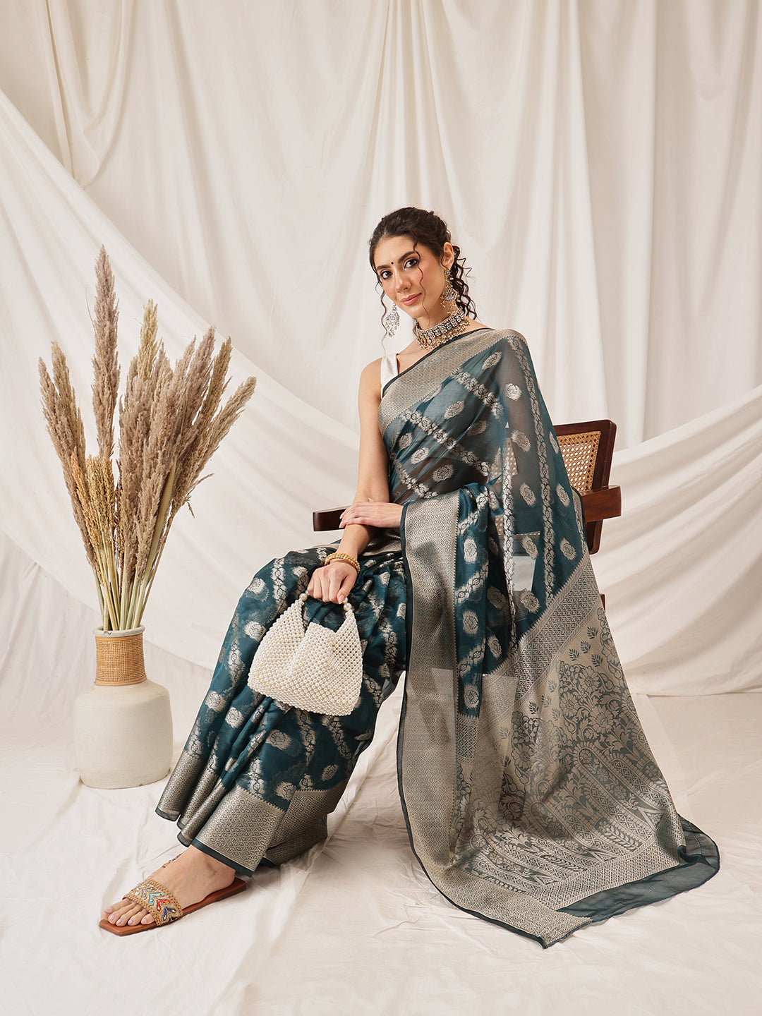 Organza Soft Silk Teal Saree With Floral Border