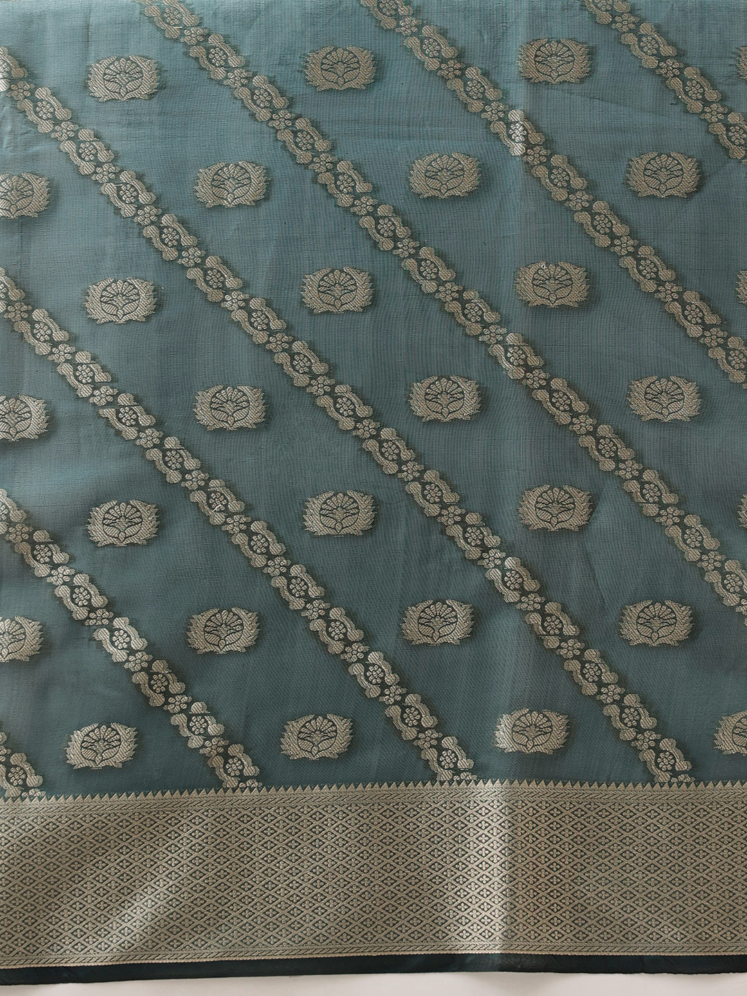 Organza Soft Silk Teal Saree With Floral Border