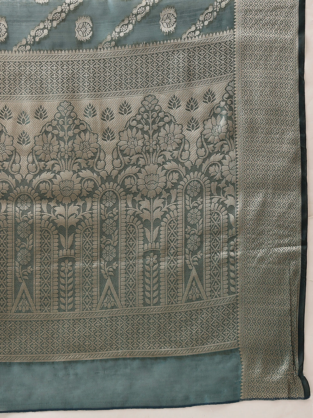 Organza Soft Silk Teal Saree With Floral Border