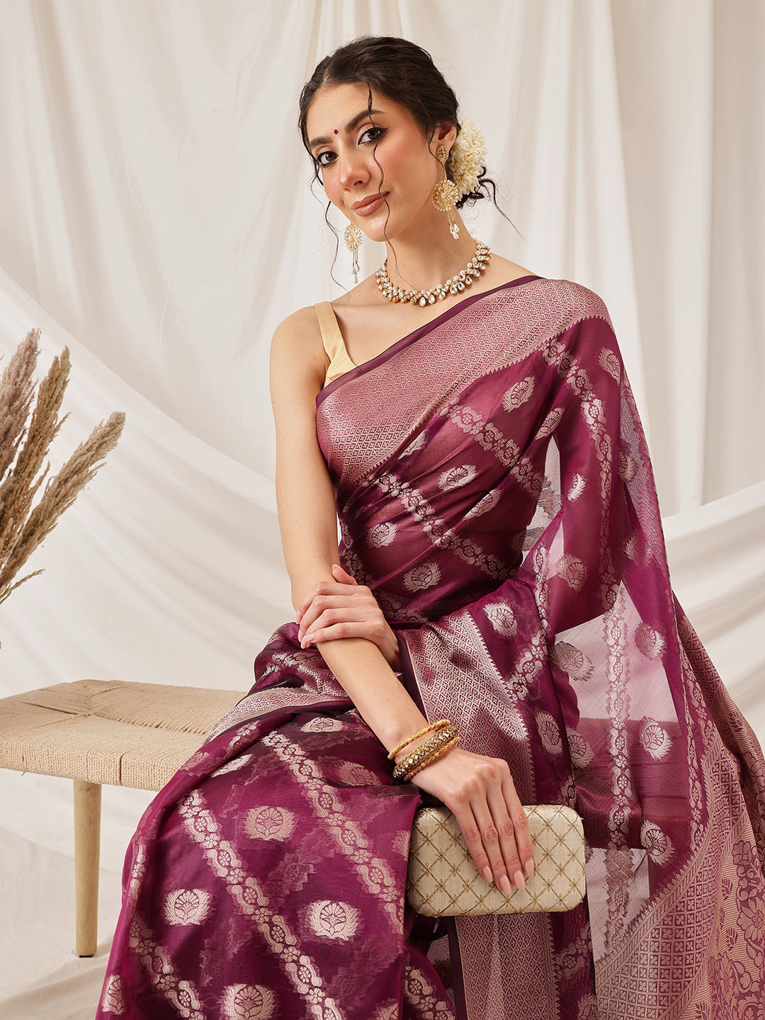 Organza Soft Silk Wine Saree With Floral Border