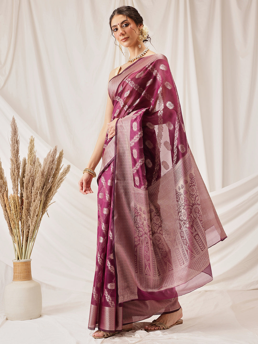 Organza Soft Silk Wine Saree With Floral Border