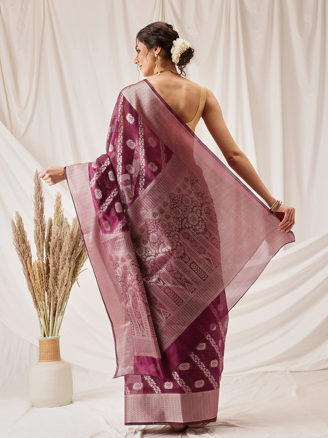 Organza Soft Silk Wine Saree With Floral Border