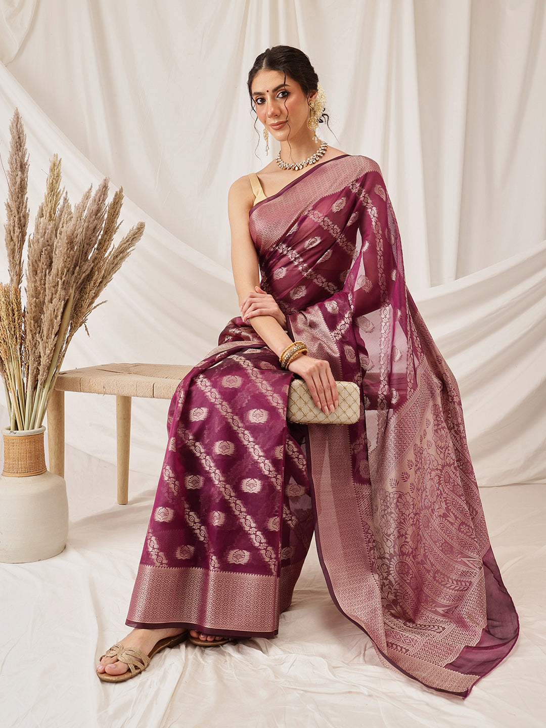 Organza Soft Silk Wine Saree With Floral Border