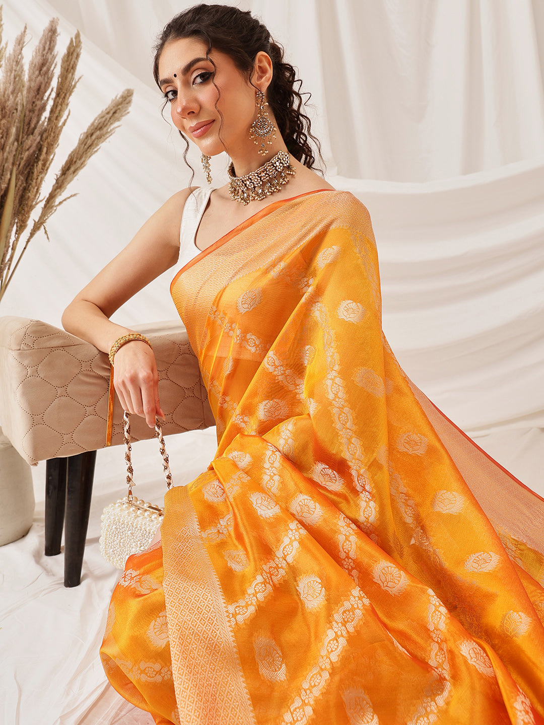 Organza Soft Silk Yellow Saree With Floral Border