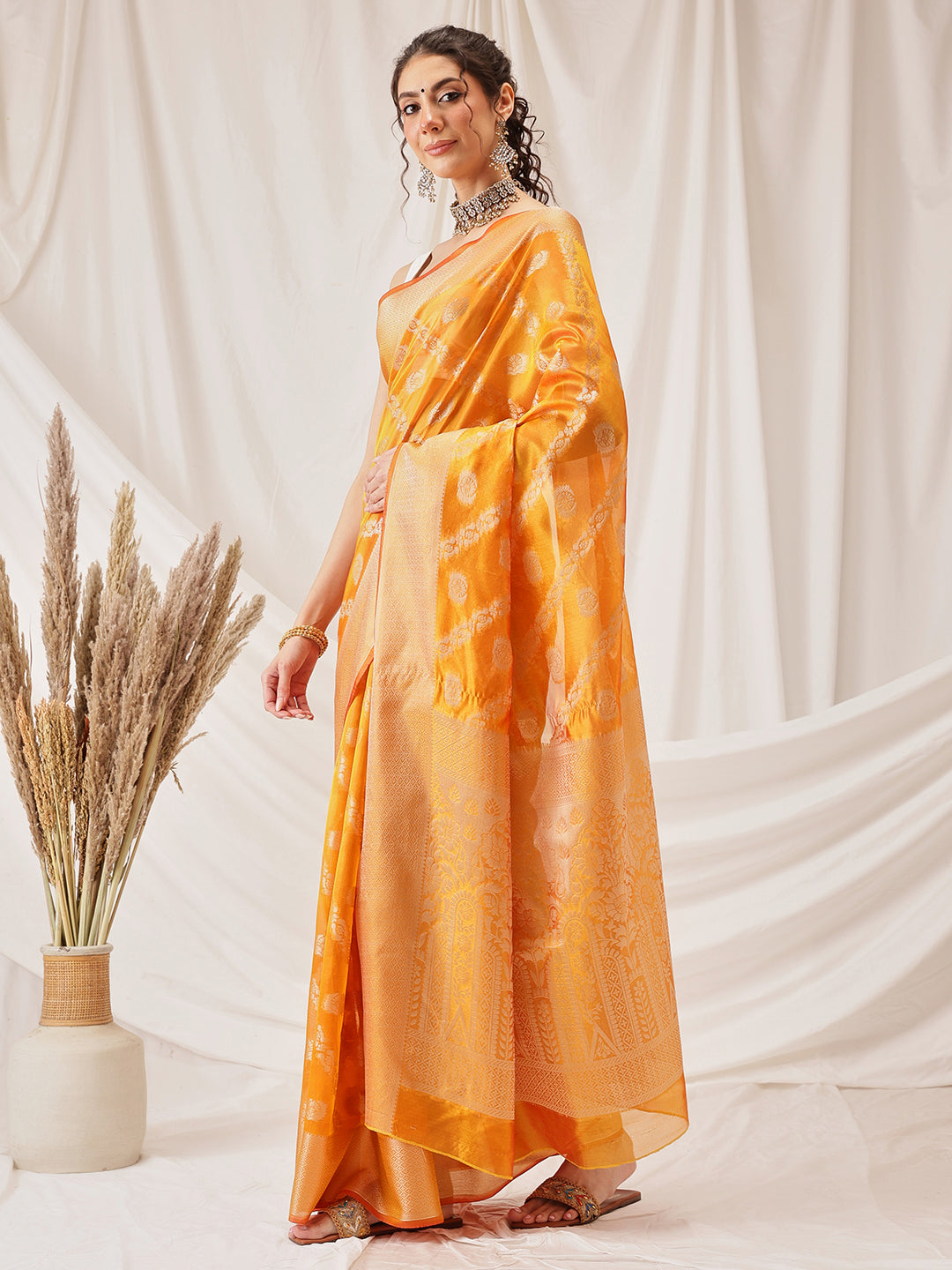 Organza Soft Silk Yellow Saree With Floral Border