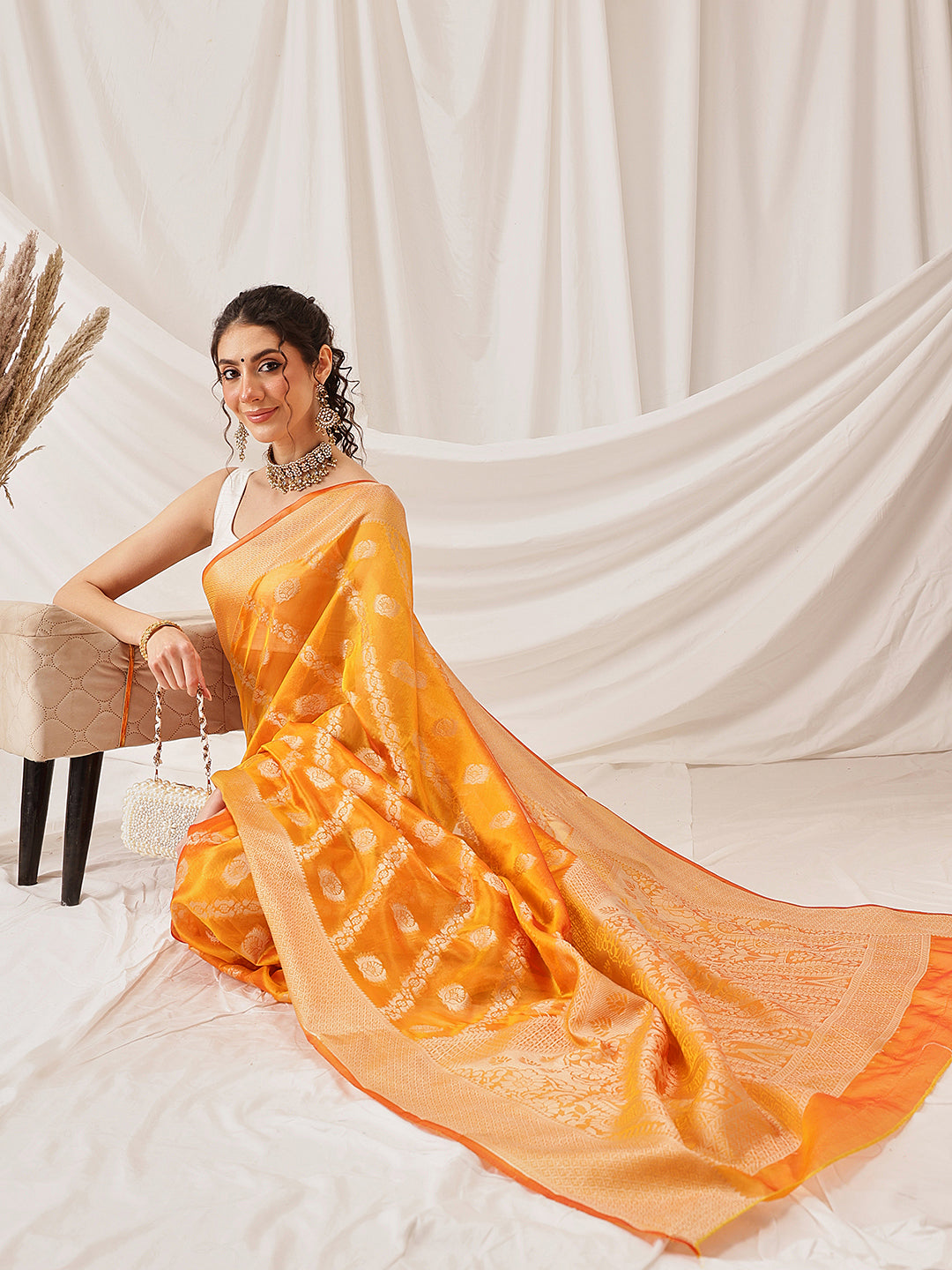 Organza Soft Silk Yellow Saree With Floral Border