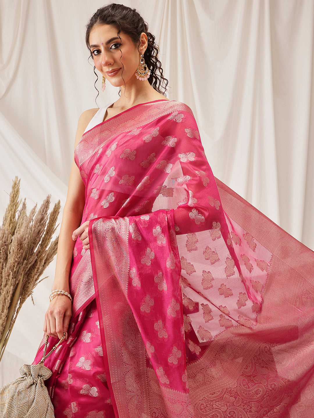 Butterfly Design Banarasi Organza Soft Silk Pink Saree