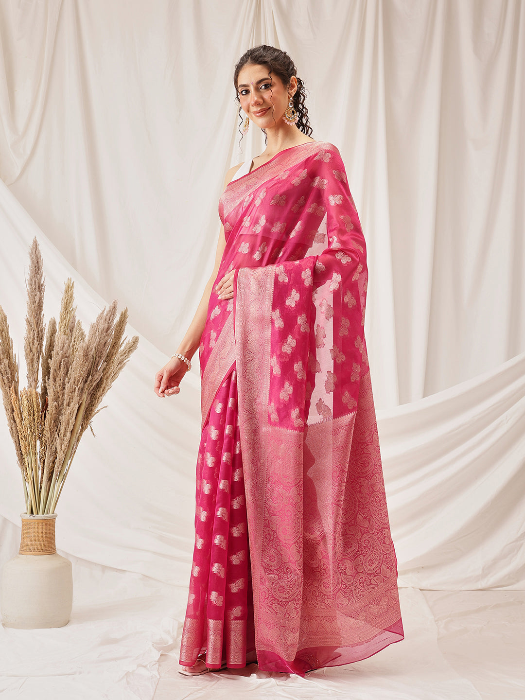 Butterfly Design Banarasi Organza Soft Silk Pink Saree