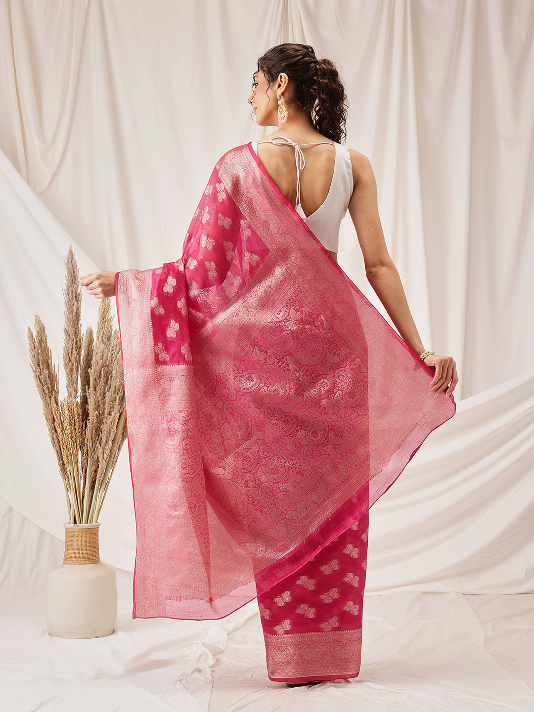 Butterfly Design Banarasi Organza Soft Silk Pink Saree