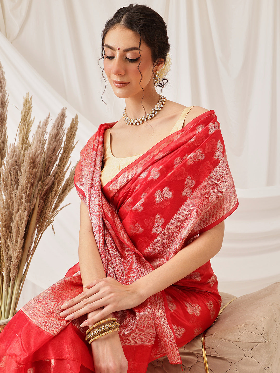 Butterfly Design Banarasi Organza Soft Silk Red Saree