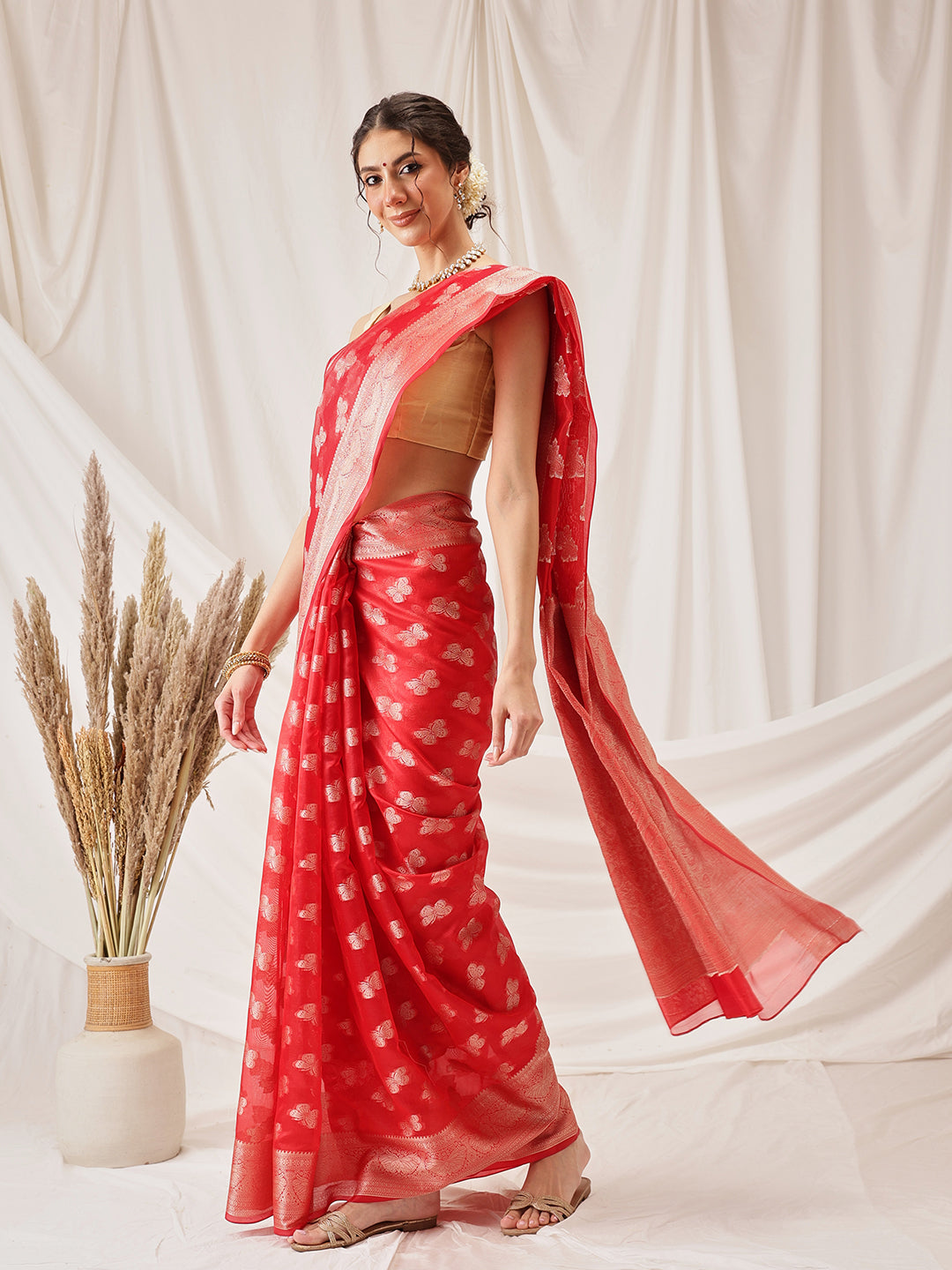 Butterfly Design Banarasi Organza Soft Silk Red Saree