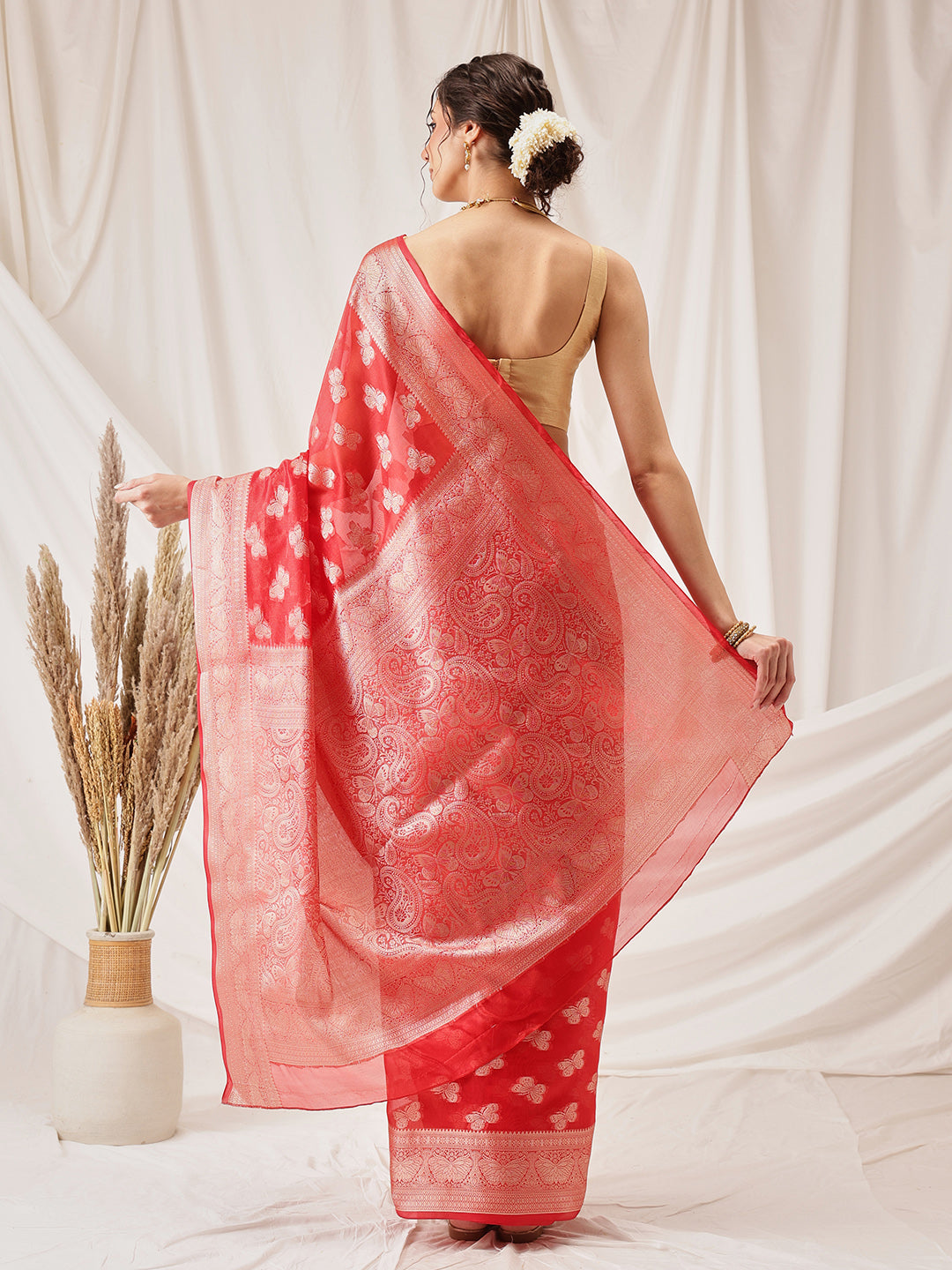 Butterfly Design Banarasi Organza Soft Silk Red Saree