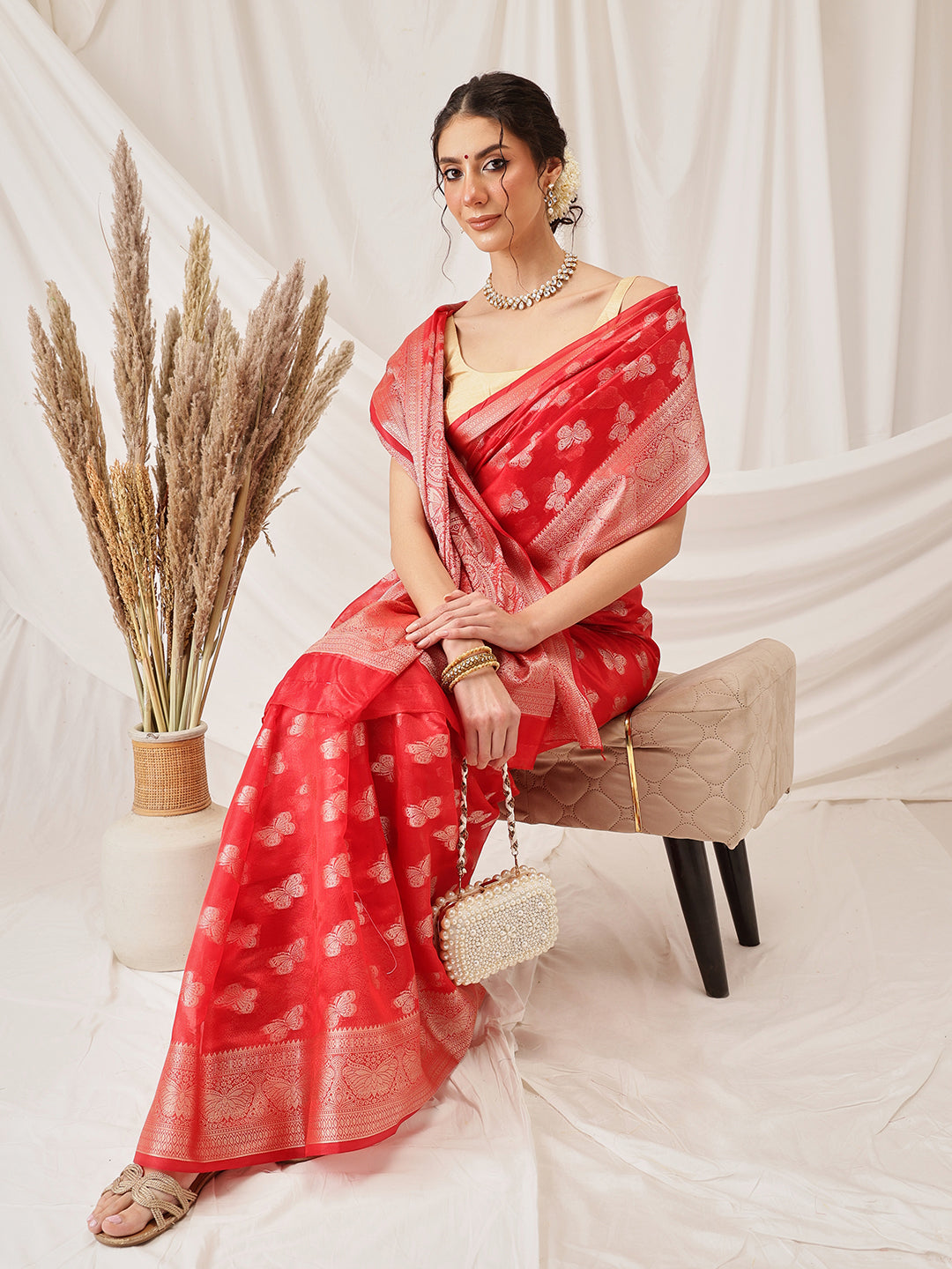 Butterfly Design Banarasi Organza Soft Silk Red Saree