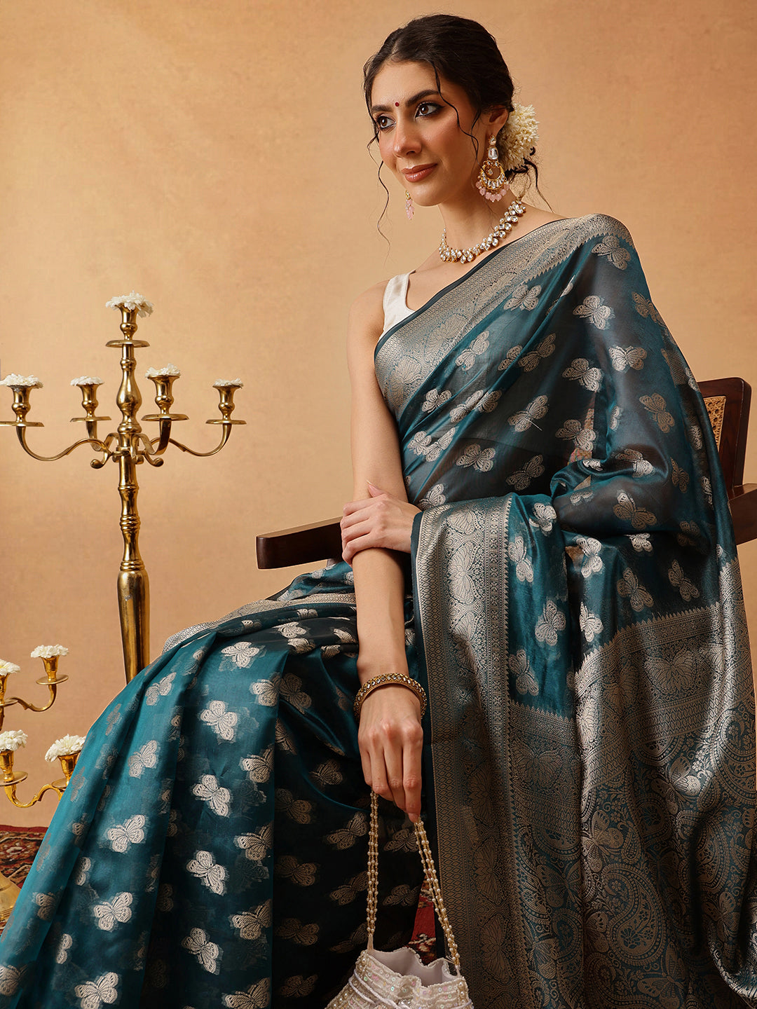 Butterfly Design Banarasi Organza Soft Silk Teal Saree